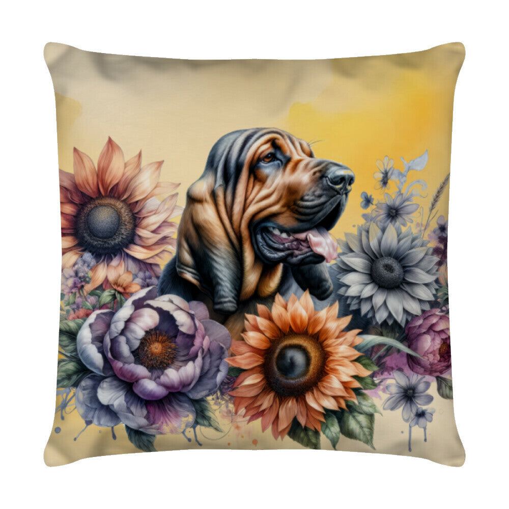 Kissen "Bloodhound - Flowers" Weiß – hunde-shirt.de