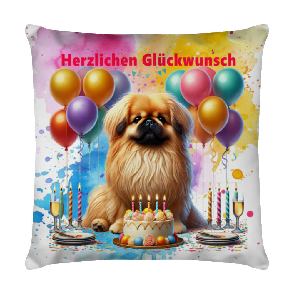 Kissen "Pekingese - Glückwunsch" Weiß – hunde-shirt.de