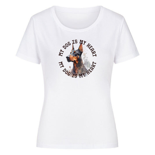 Premium Organic Damen-Shirt "Dobermann HEART 2" Weiß – hunde-shirt.de