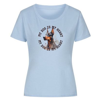 Premium Organic Damen-Shirt "Dobermann HEART 2" Sky Blue – hunde-shirt.de