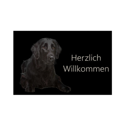 Fußmatte "Flat Coated Retriever liegend - Herzlich Willkommen" Weiß – hunde-shirt.de