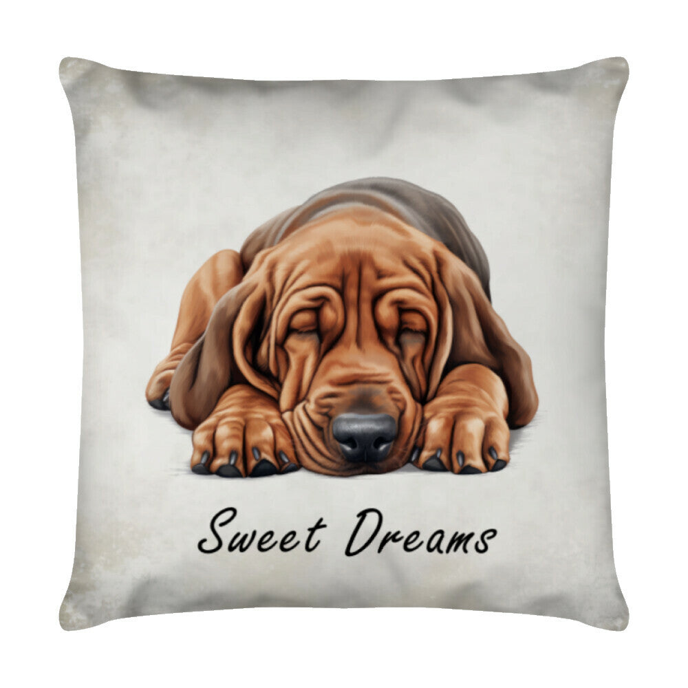 Kissen "Bloodhound Puppy - Sweet Dreams" Weiß – hunde-shirt.de