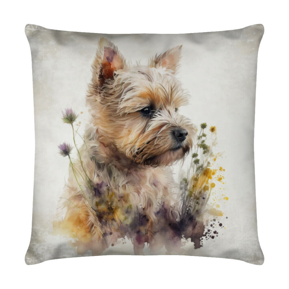 Kissen "Norwich Terrier - Blumenwiese" Weiß – hunde-shirt.de