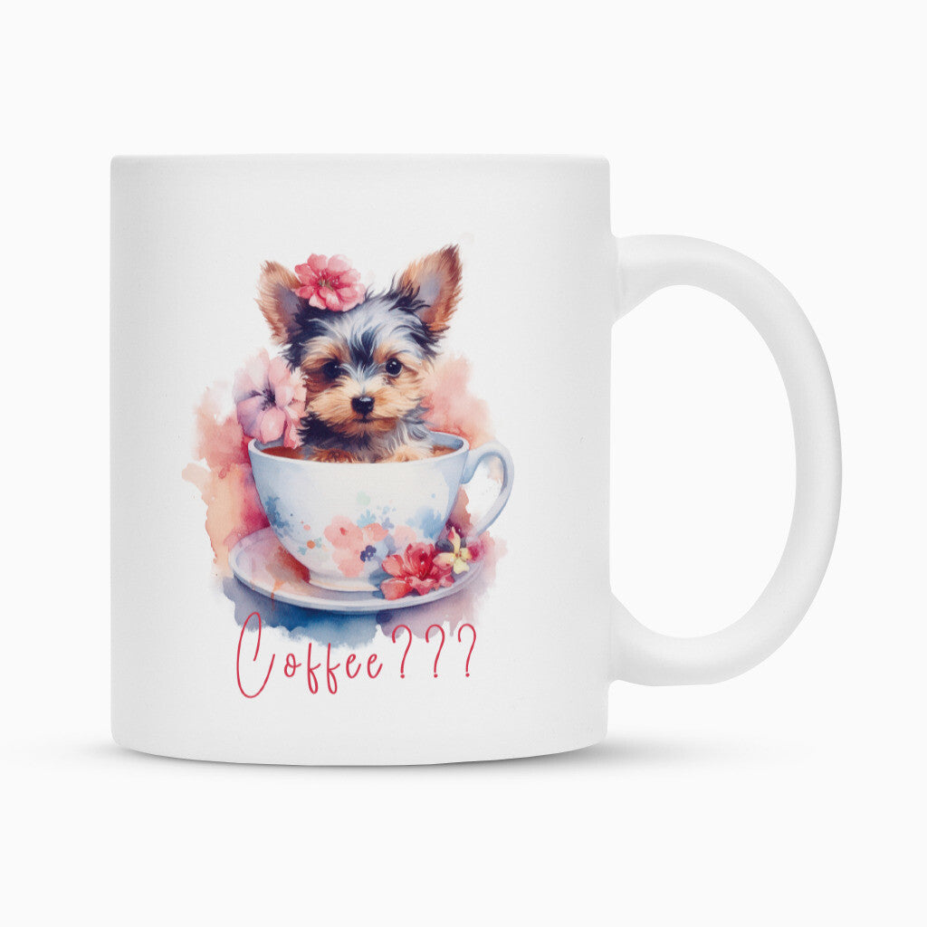 Tasse "Yorkshire - Coffee???" Weiß – hunde-shirt.de