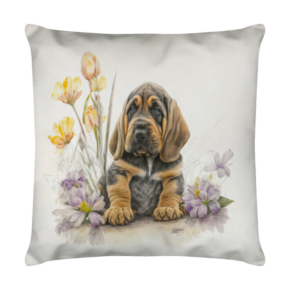Kissen "Bloodhound - Puppy Flowers" Weiß – hunde-shirt.de