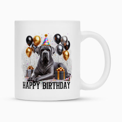 Tasse "Cane Corso ( grau ) - Happy Birthday" Weiß – hunde-shirt.de