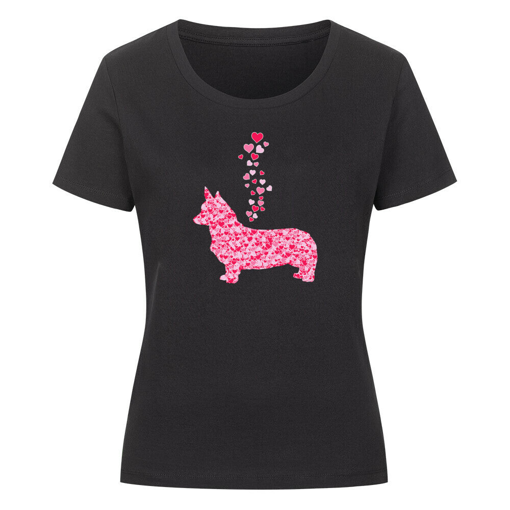 Premium Organic Damen-Shirt "Corgi - Pink Hearts" Schwarz – hunde-shirt.de