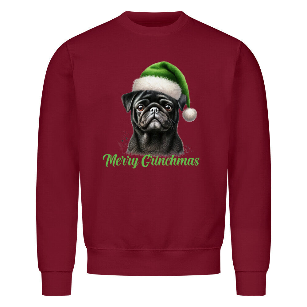 Premium Sweatshirt "Mops schwarz - Merry Grinchmas" Burgunder – hunde-shirt.de