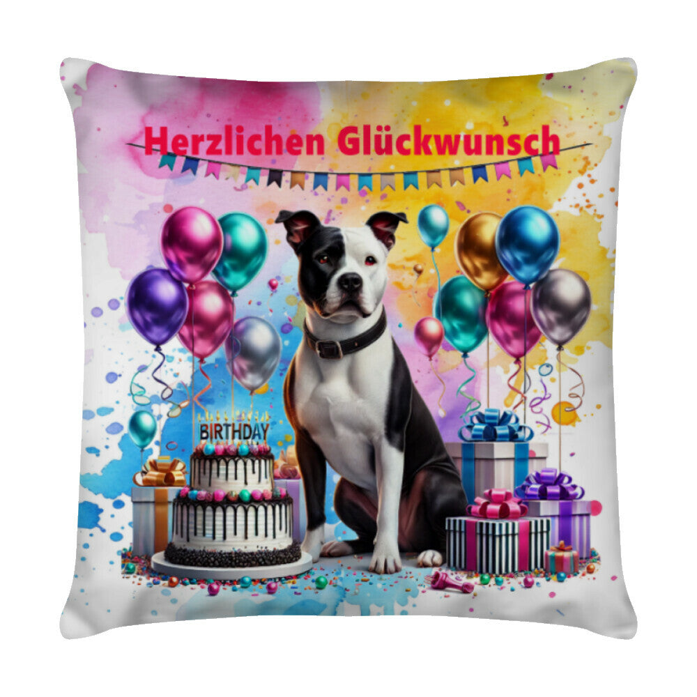 Kissen "Pit Bull - Glückwunsch" Weiß – hunde-shirt.de
