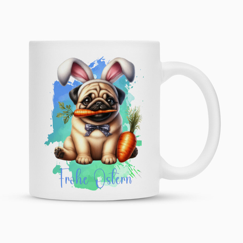 Tasse "Mops - Frohe Ostern" Weiß – hunde-shirt.de