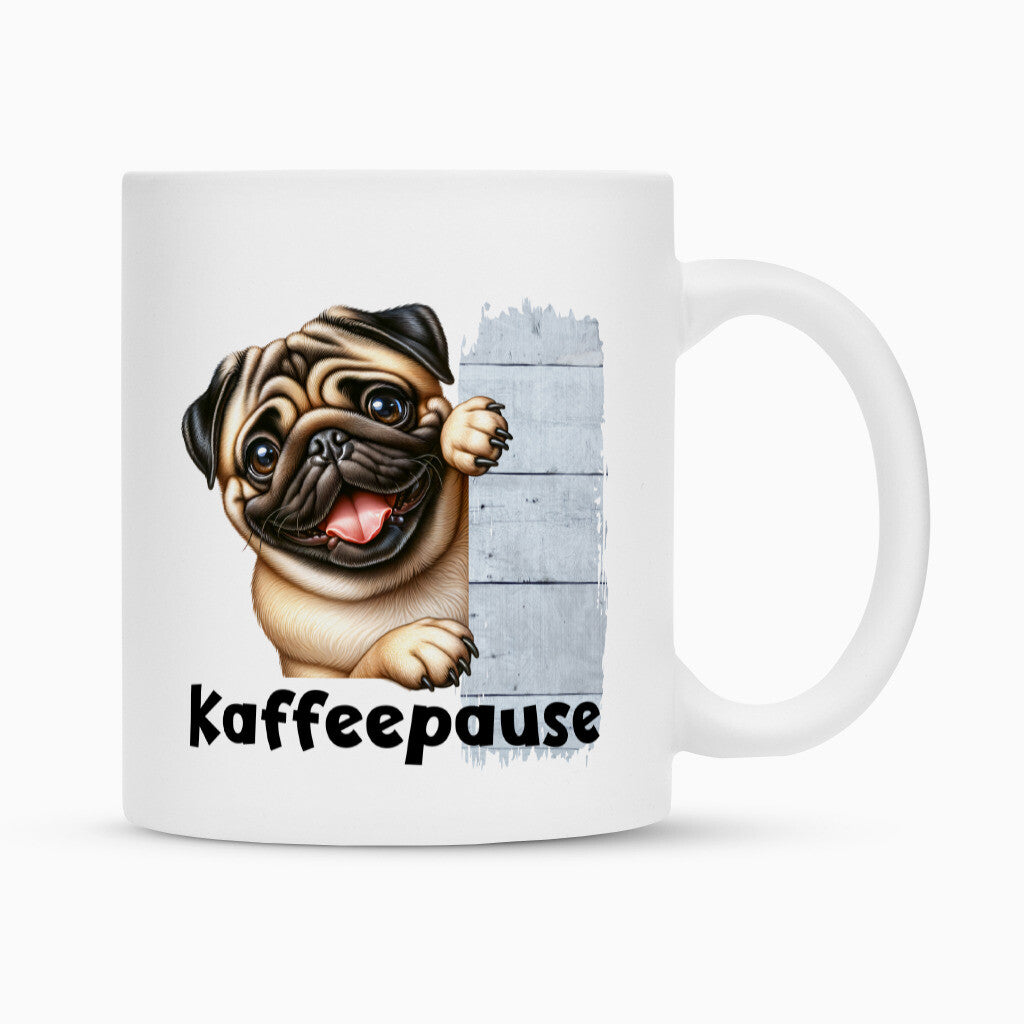 Tasse "Mops - Kaffeepause" Weiß – hunde-shirt.de