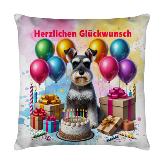 Kissen "Schnauzer - Herzlichen Glückwunsch" Weiß – hunde-shirt.de
