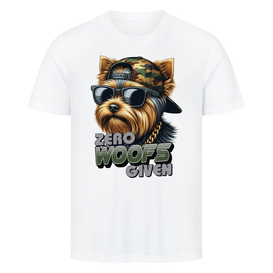 Premium T-Shirt "Yorkie - ZERO WOOFS" Weiß – hunde-shirt.de