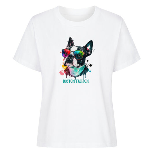 Premium Damen-Shirt "Boston Terrier - Fashion" Weiß – hunde-shirt.de