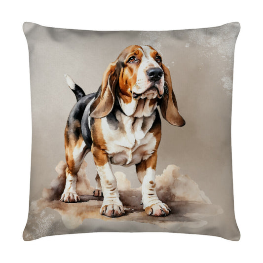Kissen "Basset - Aufmerksam" Weiß – hunde-shirt.de