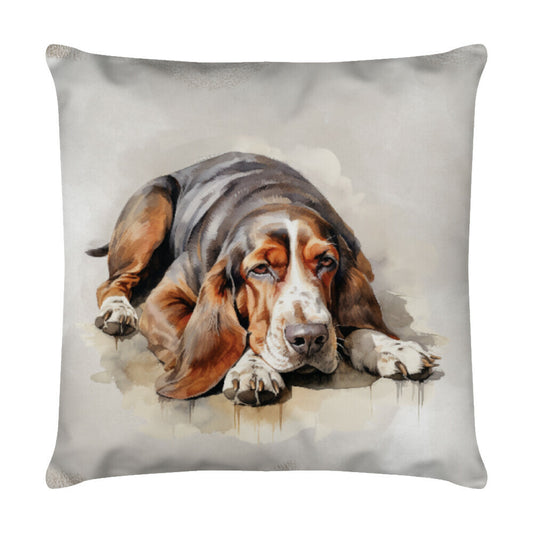 Kissen "Basset - Regentag" Weiß – hunde-shirt.de
