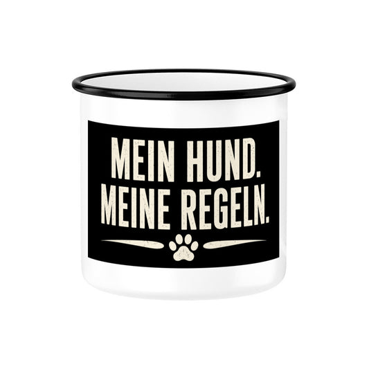 MEIN HUND. MEINE REGELN. EMAILLE TASSE. Schwarz – hunde-shirt.de