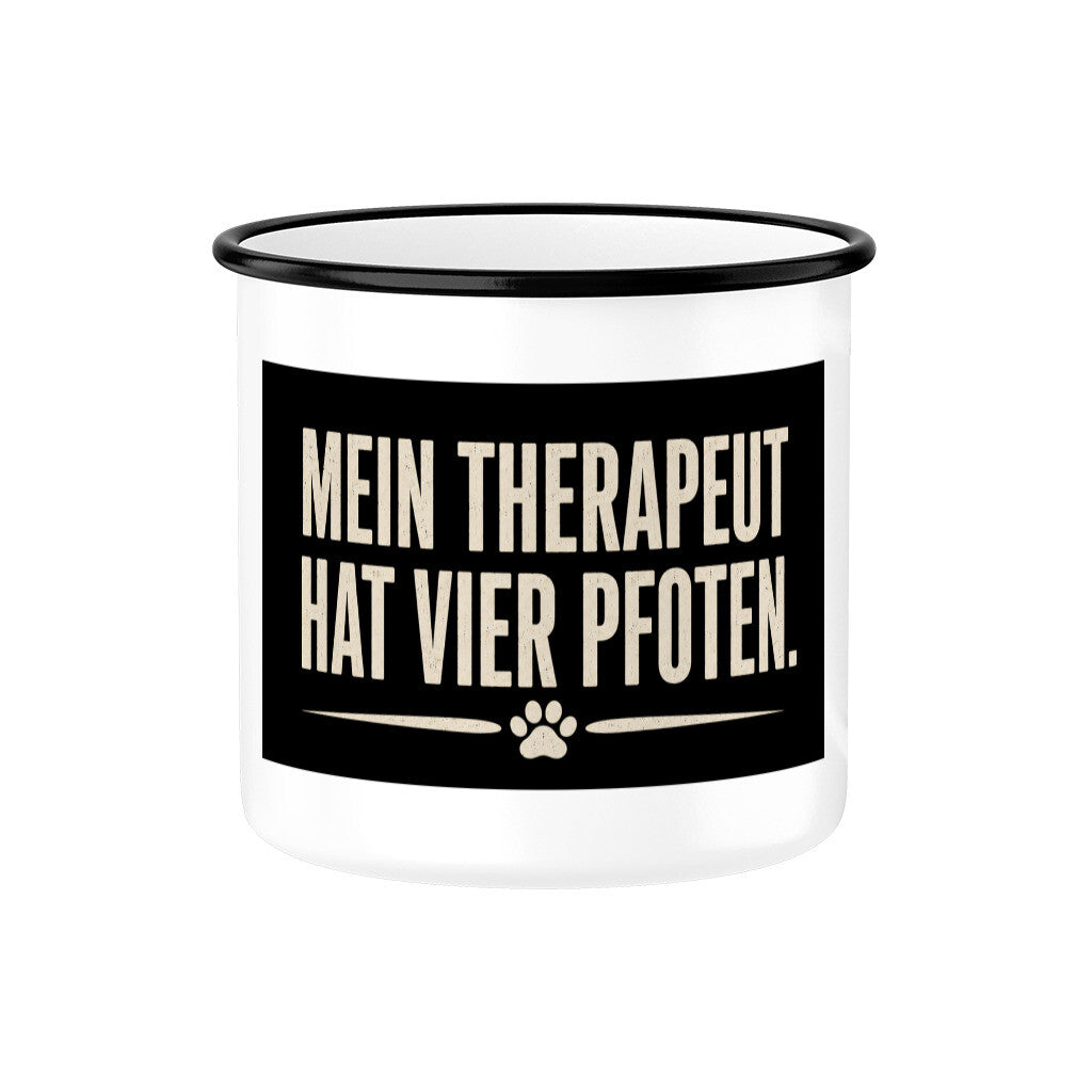 MEIN THERAPEUT HAT VIER PFOTEN. EMAILLE TASSE. Schwarz – hunde-shirt.de