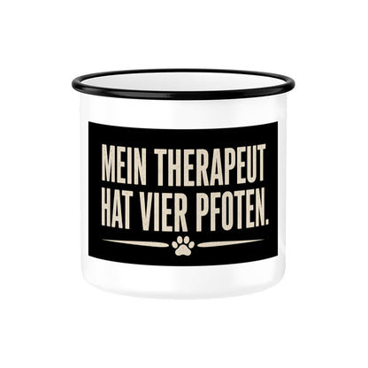 MEIN THERAPEUT HAT VIER PFOTEN. EMAILLE TASSE. Schwarz – hunde-shirt.de