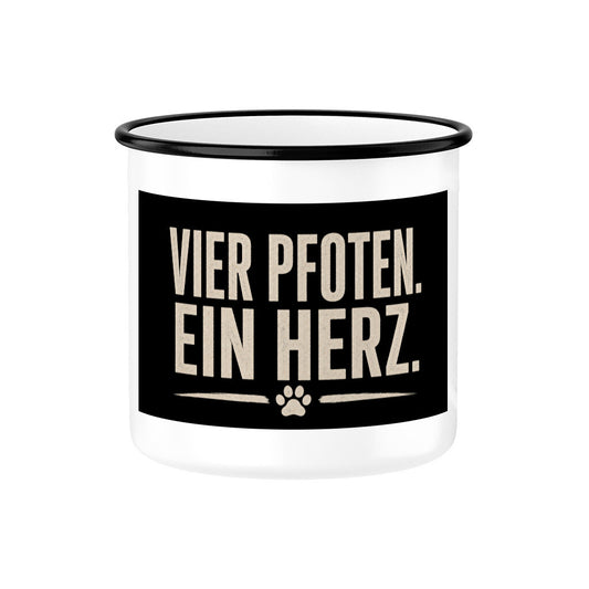 VIER PFOTEN. EIN HERZ. EMAILLE TASSE. Schwarz – hunde-shirt.de